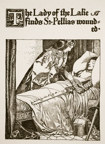 La Dama del Lago trova Sir Pellias ferito, illustrazione da 